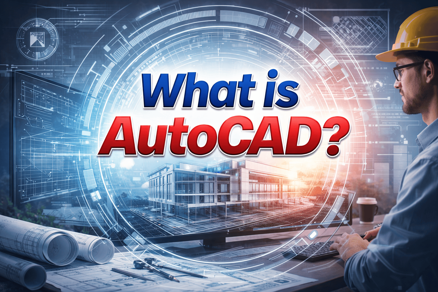 "What is AutoCAD article header image showing a professional engineer working on a computer with 2D blueprints and 3D building model, highlighting CAD drafting and design tools."